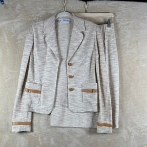 ST JOHN COLLECTION Textured Knit Blazer Skirt Beige Metallic Leather Women Sz 6